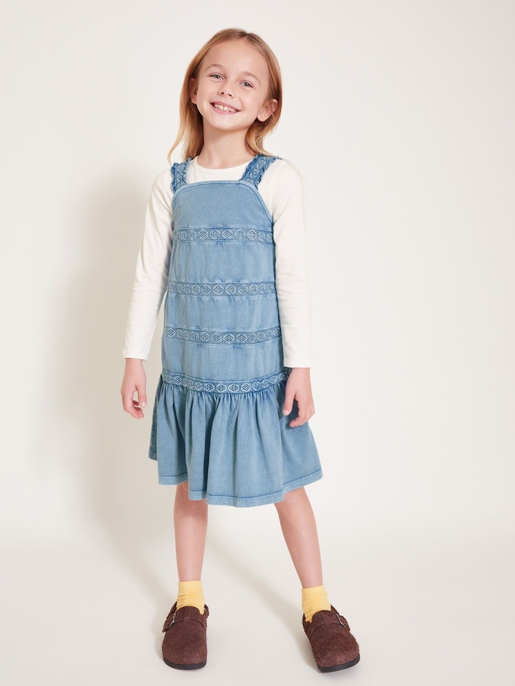 Monsoon Blue Long Sleeve Top and Embroidered Pinafore Dress Set - Image 1 of 4