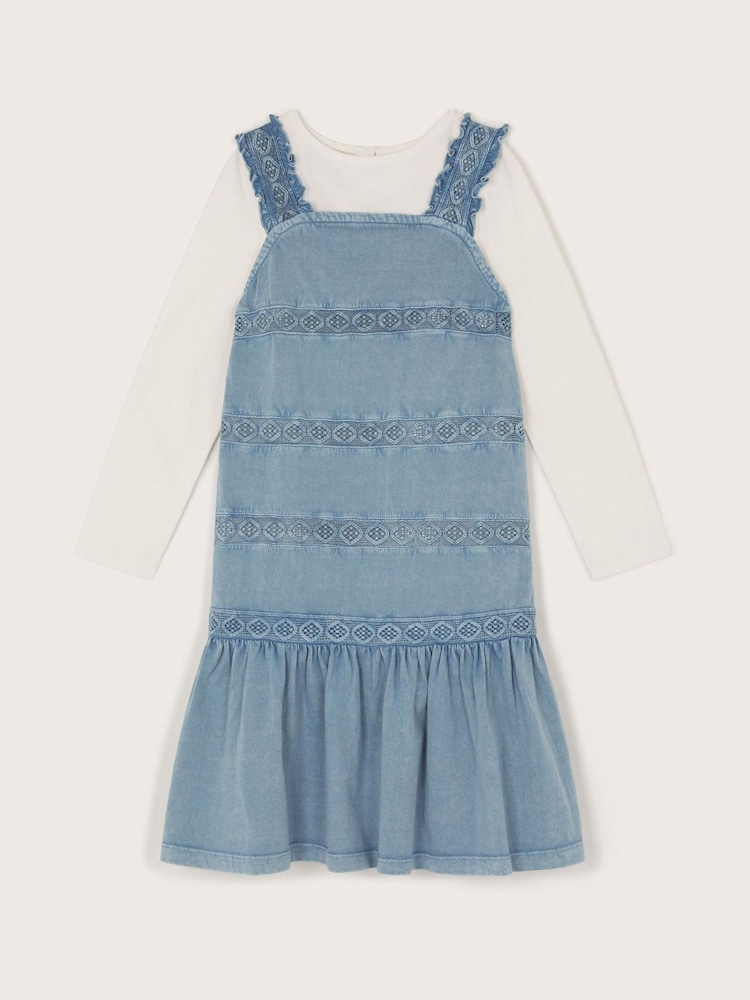 Monsoon Blue Long Sleeve Top and Embroidered Pinafore Dress Set - Image 2 of 4