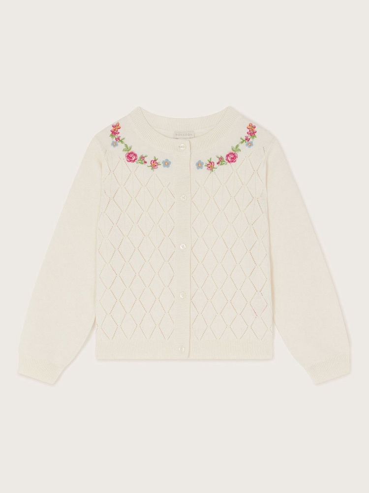 Monsoon – Pointelle-Strickjacke mit Blumenstickerei - Bild 2 von 4