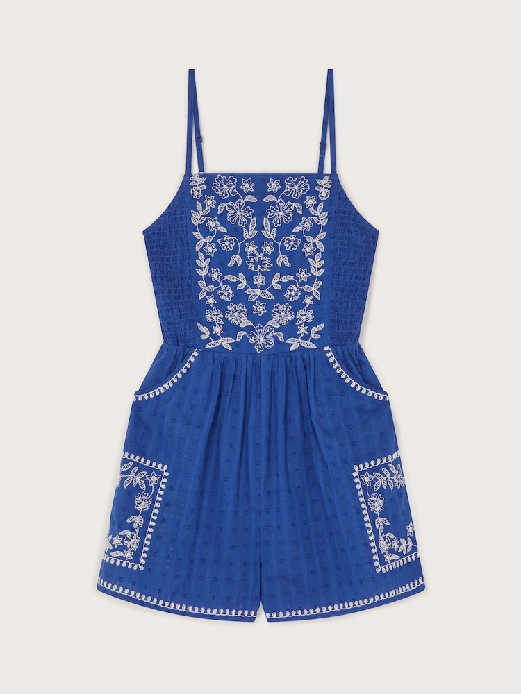 Monsoon Blue Floral Embroidered Strappy Playsuit - Image 1 of 3