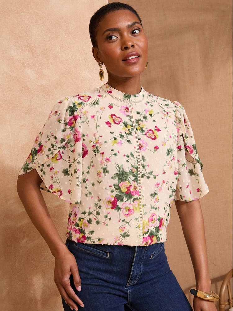 Love & Roses White Ecru Floral Print Short Sleeve Crew Neck Dobby Blouse - Image 1 of 4