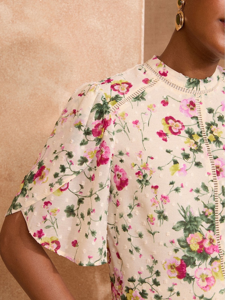 Love & Roses White Ecru Floral Print Short Sleeve Crew Neck Dobby Blouse - Image 2 of 4