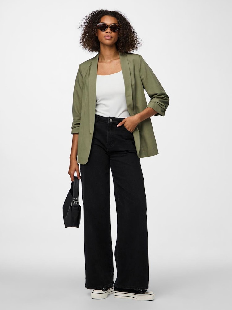 PIECES Green Ruched Sleeve Blazer - Image 1 of 4