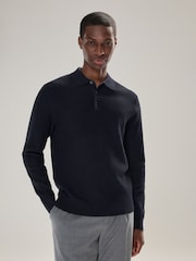 Navy Blue Texture Regular Fit Textured Essential Long Sleeve Knitted Polo Shirt - Image 1 of 7