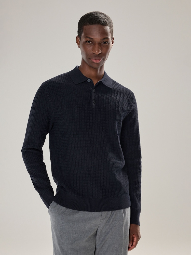 Navy Blue Texture Regular Fit Textured Essential Long Sleeve Knitted Polo Shirt - Image 1 of 7