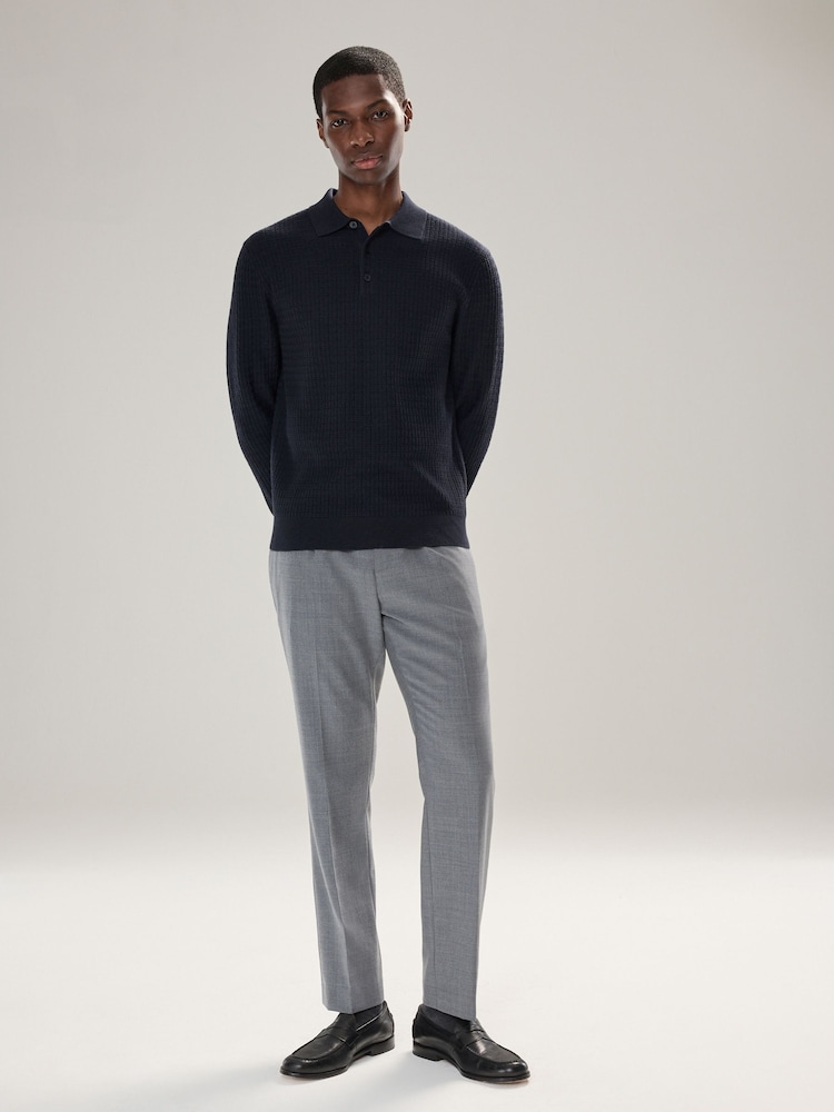 Navy Blue Texture Regular Fit Textured Essential Long Sleeve Knitted Polo Shirt - Image 2 of 7