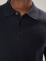 Navy Blue Texture Regular Fit Textured Essential Long Sleeve Knitted Polo Shirt - Image 4 of 7