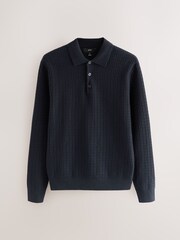 Navy Blue Texture Regular Fit Textured Essential Long Sleeve Knitted Polo Shirt - Image 5 of 7