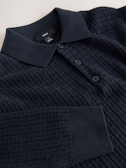Navy Blue Texture Regular Fit Textured Essential Long Sleeve Knitted Polo Shirt - Image 7 of 7