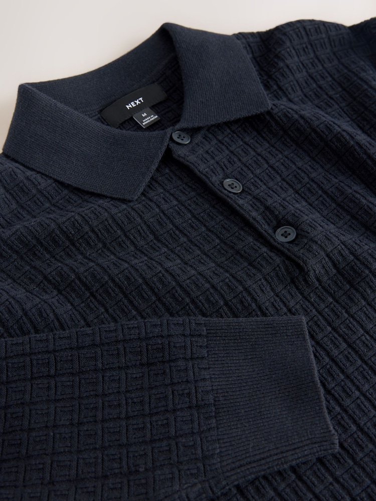 Navy Blue Texture Regular Fit Textured Essential Long Sleeve Knitted Polo Shirt - Image 7 of 7