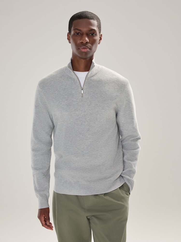 Grey Regular Fit Essential Ribbed Quarter Zip Neck Jumper - Image 1 of 4