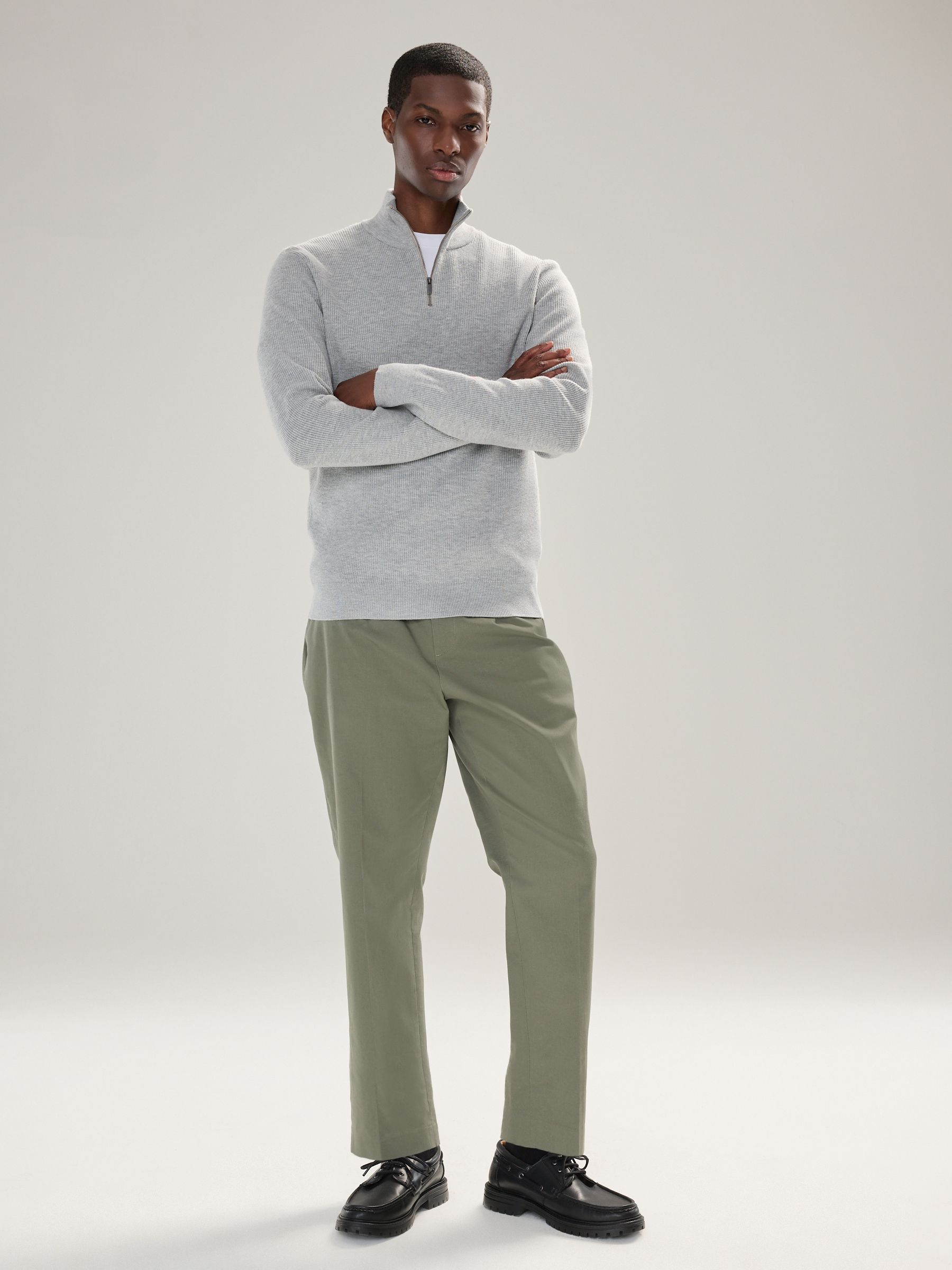 Buy Grey Regular Fit Essential Ribbed Quarter Zip Neck Jumper from