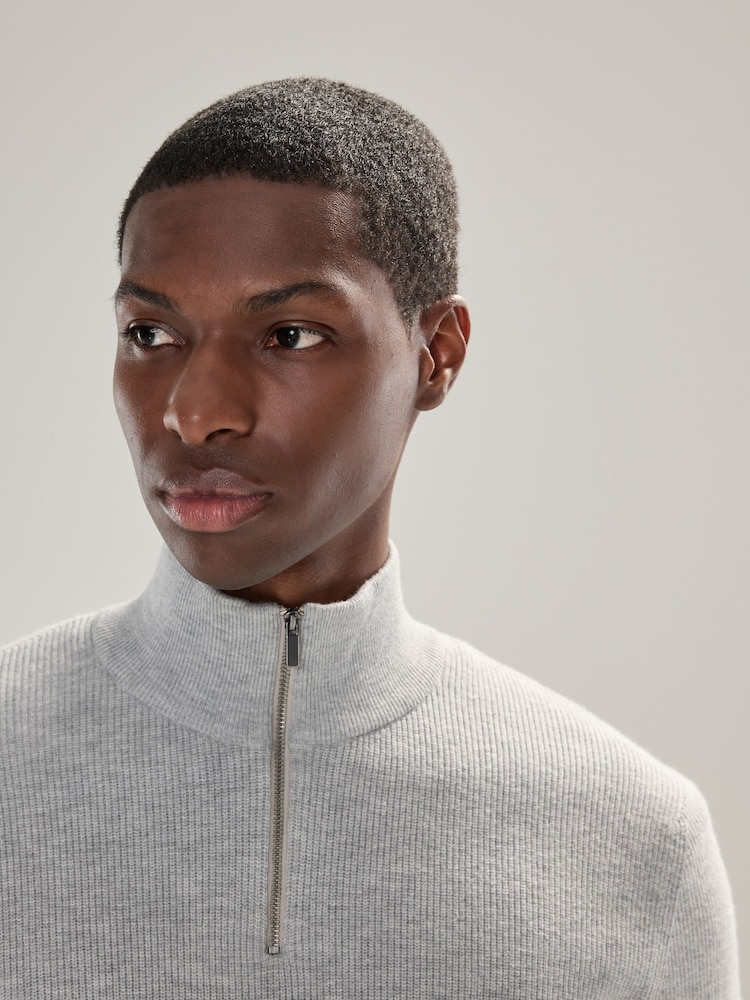 Grey Regular Fit Essential Ribbed Quarter Zip Neck Jumper - Image 4 of 4
