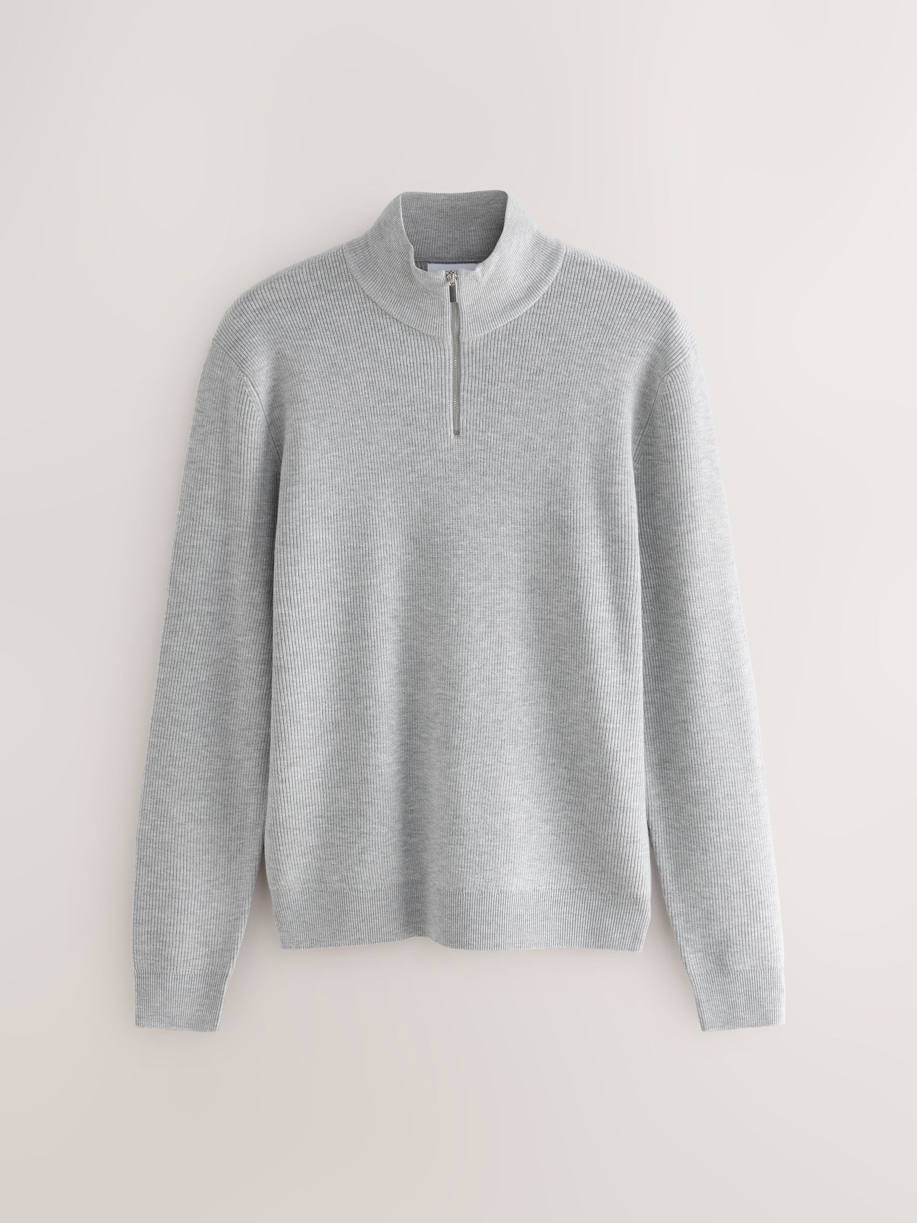 Buy Grey Regular Fit Essential Ribbed Quarter Zip Neck Jumper from