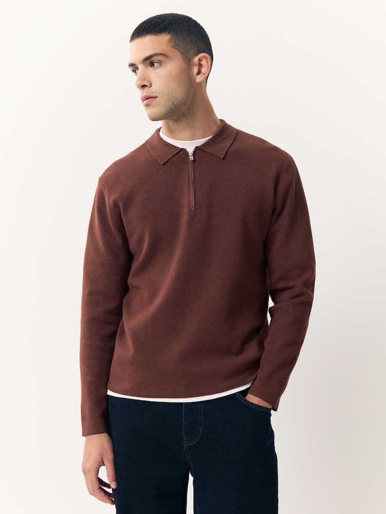 Rust Red Zip Neck Regular Fit Premium Long Sleeve Knit Polo Shirt - Image 1 of 8