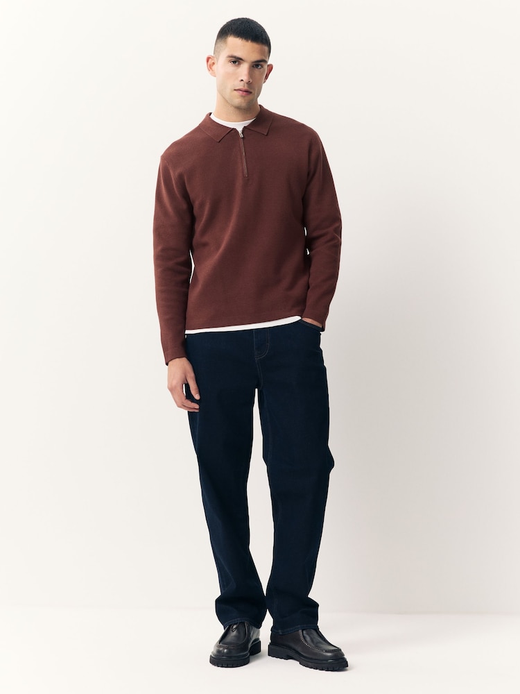 Rust Red Zip Neck Regular Fit Premium Long Sleeve Knit Polo Shirt - Image 2 of 8