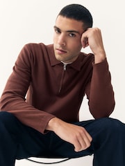 Rust Red Zip Neck Regular Fit Premium Long Sleeve Knit Polo Shirt - Image 4 of 8