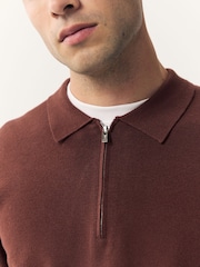 Rust Red Zip Neck Regular Fit Premium Long Sleeve Knit Polo Shirt - Image 5 of 8