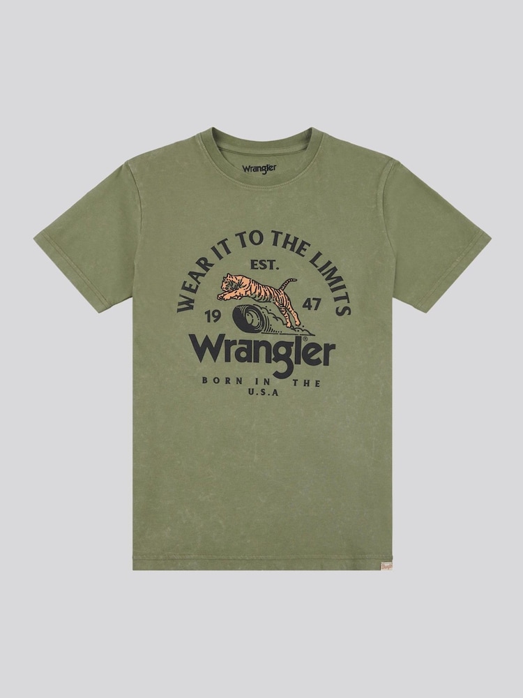 Wrangler Green Boys Tiger Print 100% Cotton T-Shirt - Image 1 of 4