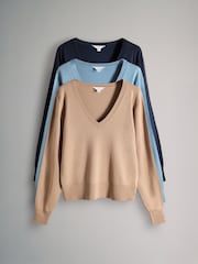 The Set Navy/Blue/Brown 3 Pack V-Neck Fine Knit Jumpers - Image 1 of 6