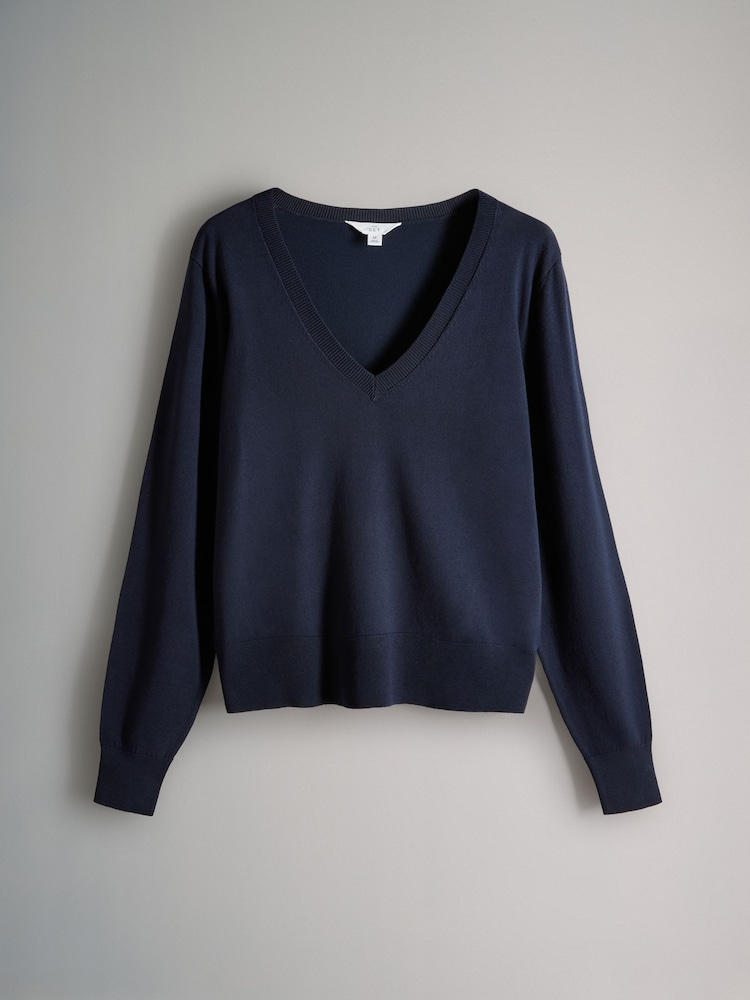 The Set Navy/Blue/Brown 3 Pack V-Neck Fine Knit Jumpers - Image 2 of 6
