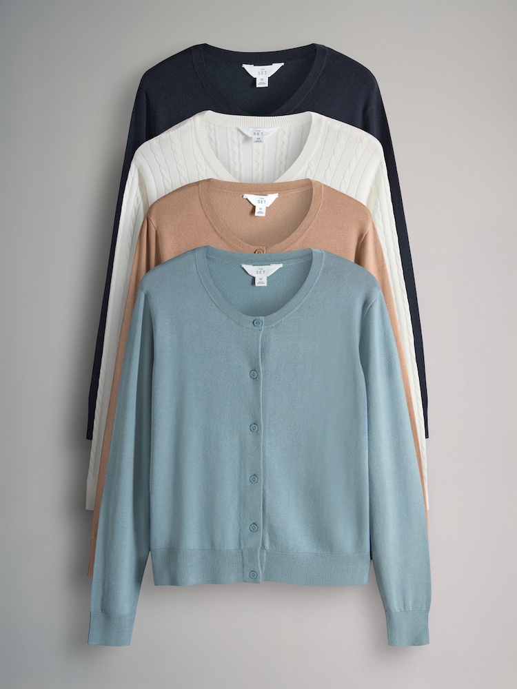 The Set Navy Blue/Blue/Brown/Cream 4 Pack Fine Knit Button Through Cardigans - Image 1 of 7 The Set Navy Blue/Blue/Brown/Cream 4 Pack Fine Knit Button Through Cardigans - Image 1 of 7