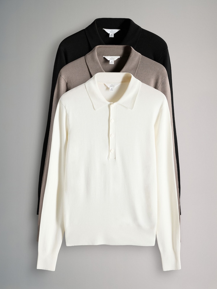 The Set Black/Taupe Brown/Cream 3 Pack Fine Knit Collared Polo Shirts - Image 1 of 6