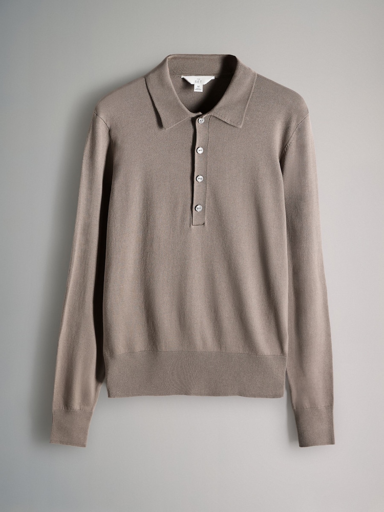 The Set Black/Taupe Brown/Cream 3 Pack Fine Knit Collared Polo Shirts - Image 2 of 6