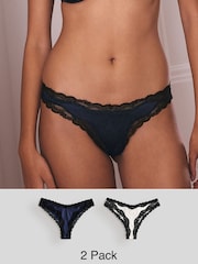 Navy/Champagne High Shine & Lace Trim Brazilian Knickers 2 Pack - Image 1 of 8