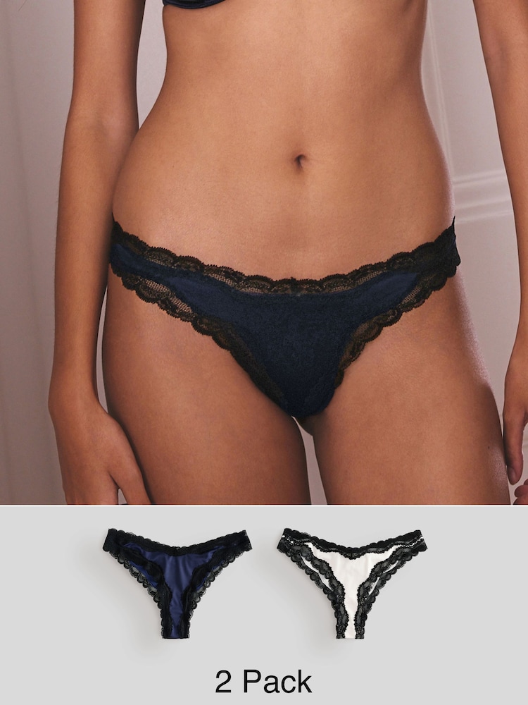 Navy/Champagne High Shine & Lace Trim Brazilian Knickers 2 Pack - Image 1 of 8