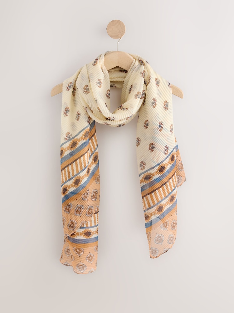 Brown Woodblock Print Lightweight Scarf - Image 1 of 3
