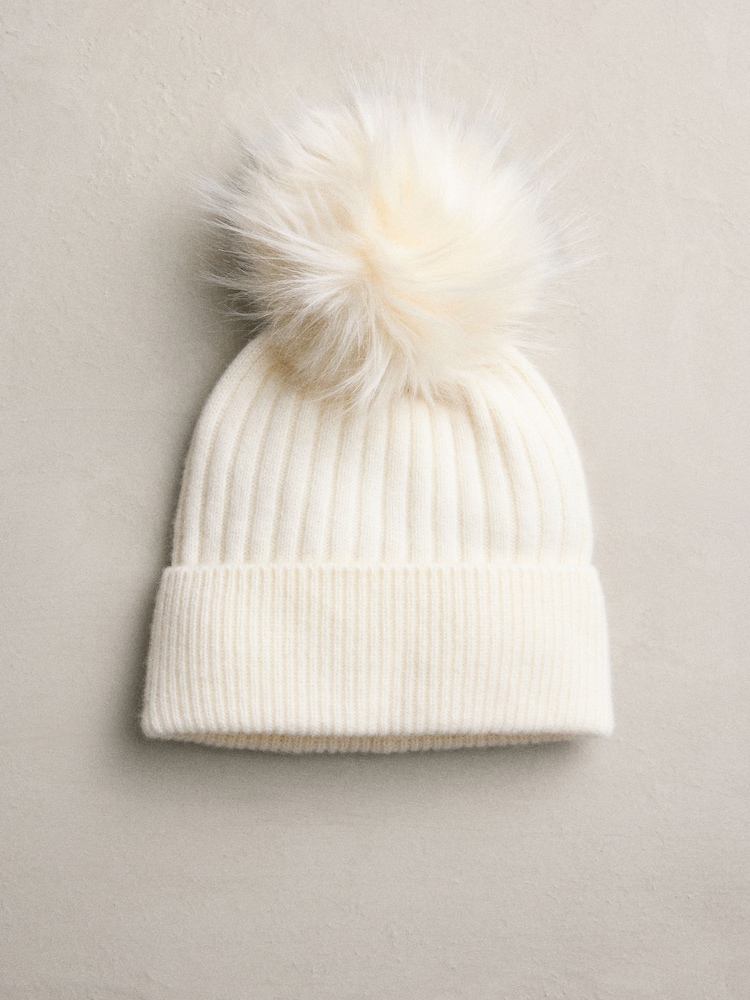 Cream 100% Cashmere Knitted Pom Hat - Image 1 of 3