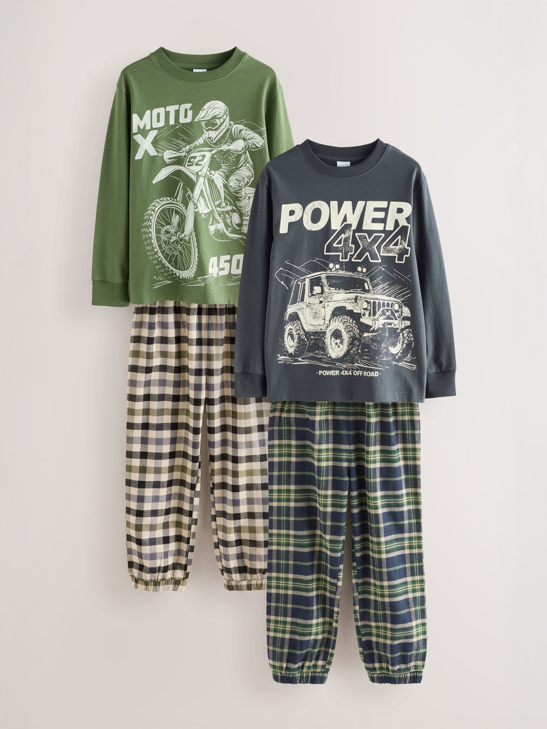 Buy Blue/Green Vehicle Long Sleeve Woven Check Pyjamas 2 Pack (3-16yrs ...