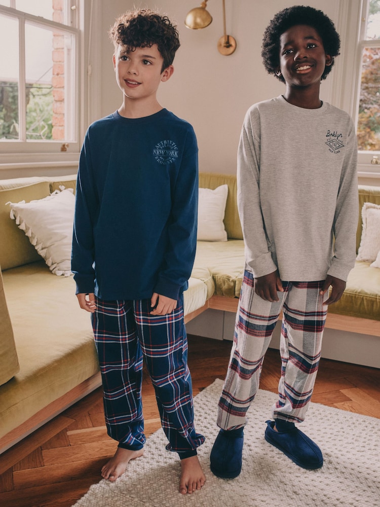Grey/Blue Long Sleeve Woven Check Pyjamas 2 Pack (3-16yrs) - Image 1 of 10 Grey/Blue Long Sleeve Woven Check Pyjamas 2 Pack (3-16yrs) - Image 1 of 10
