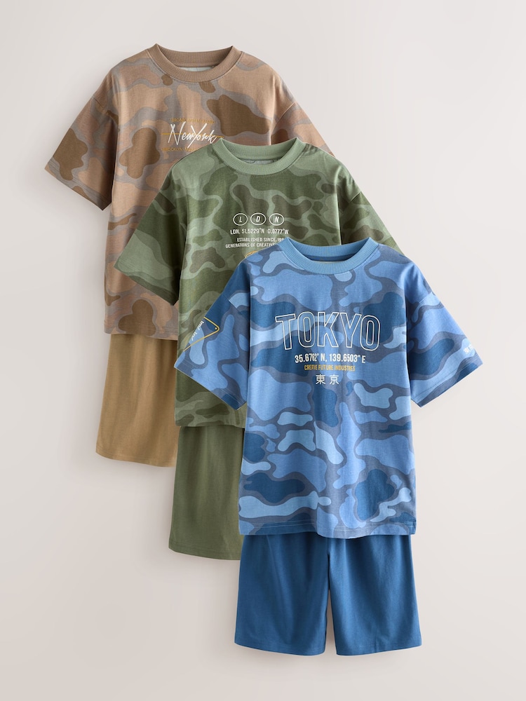 Blue/Green Camo Short Pyjamas 3 Pack (3-16yrs) - Image 1 of 13 Blue/Green Camo Short Pyjamas 3 Pack (3-16yrs) - Image 1 of 13