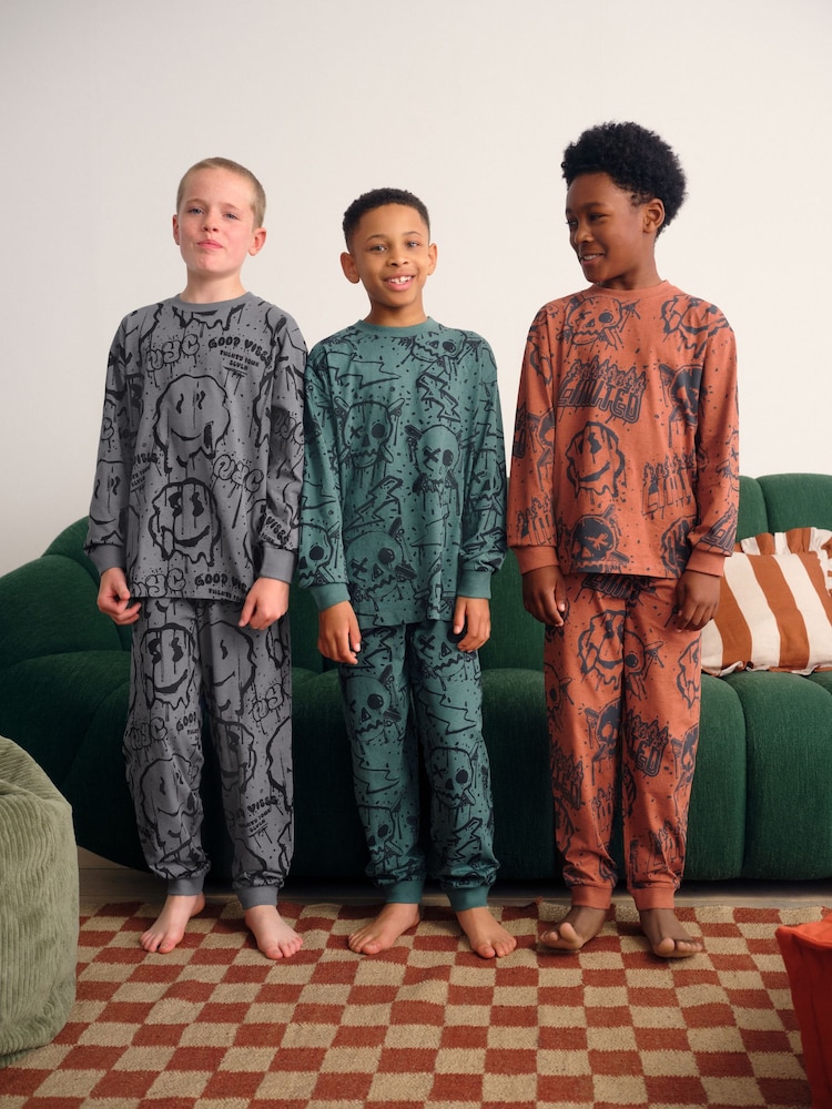 Green/Orange Graffiti Skull Long Sleeve Pyjamas 3 Pack (3-16yrs) - Image 1 of 10