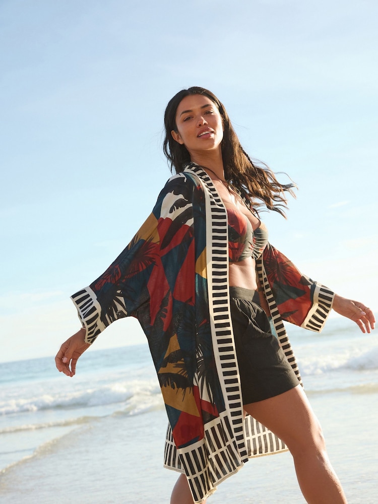 Aztec Palm Print Longline Kimono Cover-Up - Image 1 of 9