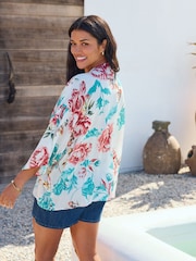 Turquoise Floral Print Short Kimono Cover-Up - Image 3 of 8