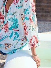 Turquoise Floral Print Short Kimono Cover-Up - Image 5 of 8