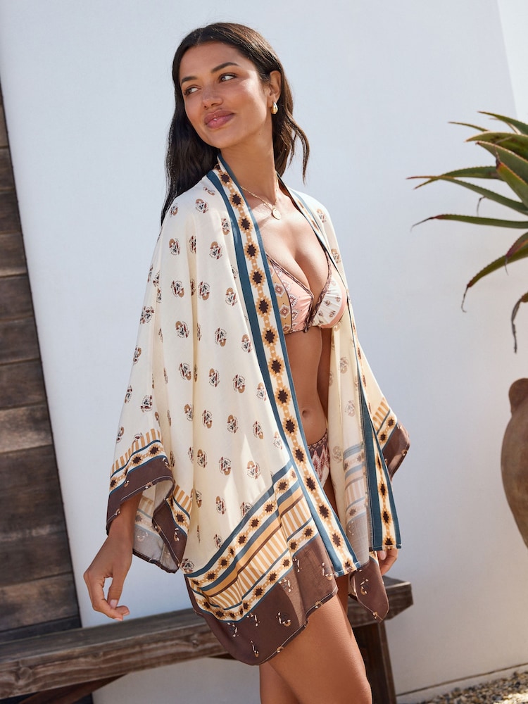 Woodblock Print Short Kimono Cover-Up - Image 1 of 9