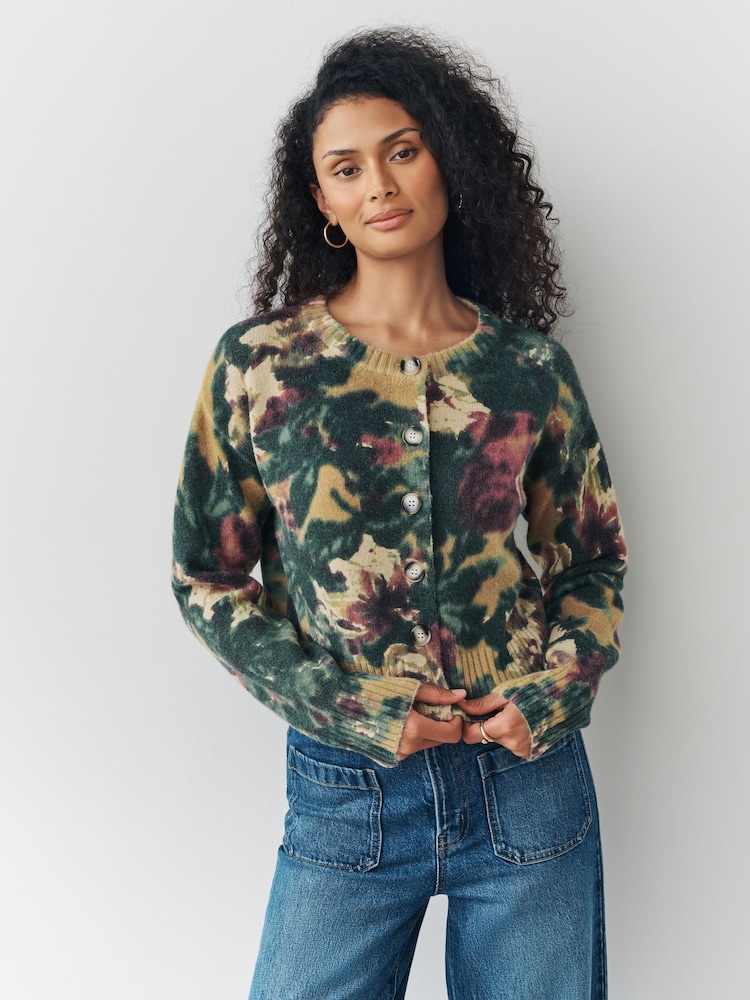Ochre Yellow/Green Floral Print Crew Neck Knitted Cardigan - Image 1 of 6