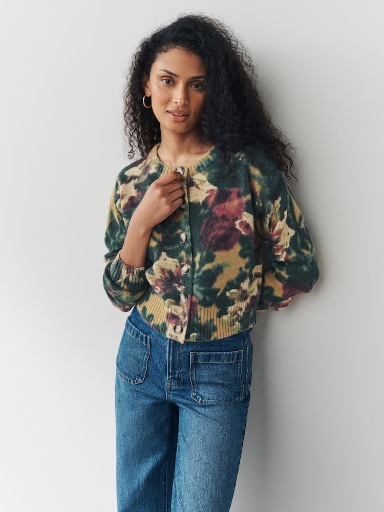 Ochre Yellow/Green Floral Print Crew Neck Knitted Cardigan - Image 2 of 6 Ochre Yellow/Green Floral Print Crew Neck Knitted Cardigan - Image 2 of 6