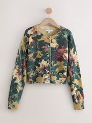 Ochre Yellow/Green Floral Print Crew Neck Knitted Cardigan - Image 4 of 6
