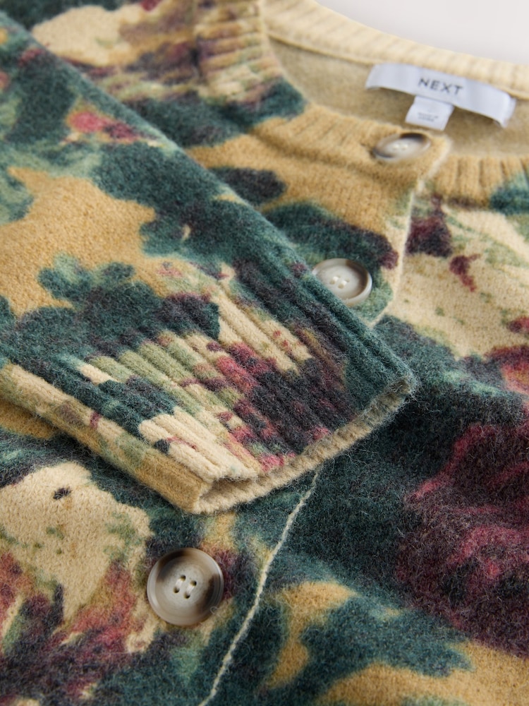 Ochre Yellow/Green Floral Print Crew Neck Knitted Cardigan - Image 6 of 6