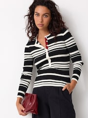 Monochrome Stripe Ribbed Crew Neck Long Sleeve Henley Jumper - Image 1 of 7