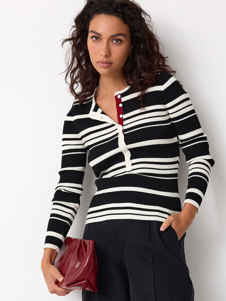 Monochrome Stripe Ribbed Crew Neck Long Sleeve Henley Jumper - Image 1 of 7