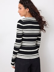 Monochrome Stripe Ribbed Crew Neck Long Sleeve Henley Jumper - Image 3 of 7