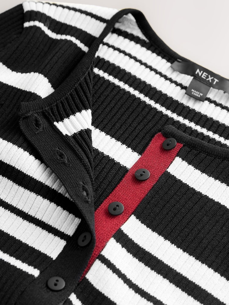 Monochrome Stripe Ribbed Crew Neck Long Sleeve Henley Jumper - Image 7 of 7