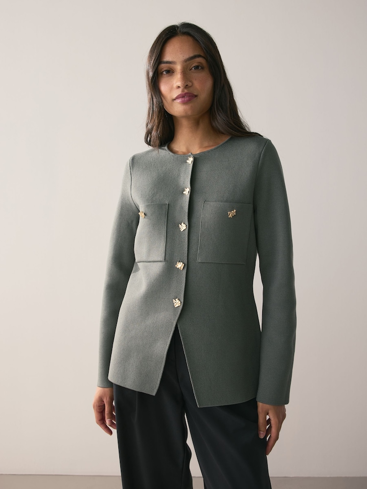 Khaki Green Smart Button Up Knitted Jacket - Image 1 of 8