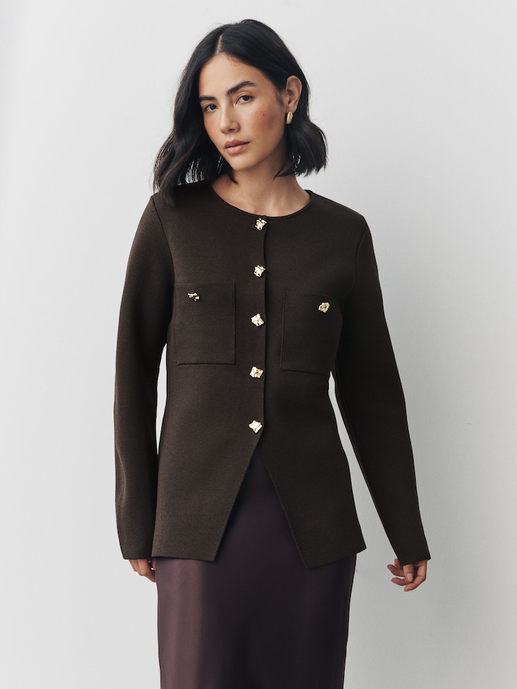 Chocolate Brown Smart Button Up Knitted Jacket - Image 1 of 7